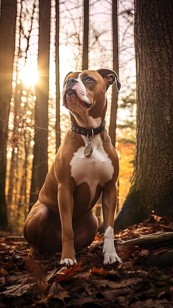 Photo a boxer dog sits in the woods with the sun shining through the trees