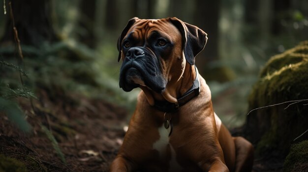 A boxer dog sits in the woods