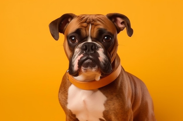 A boxer dog sits on a yellow background