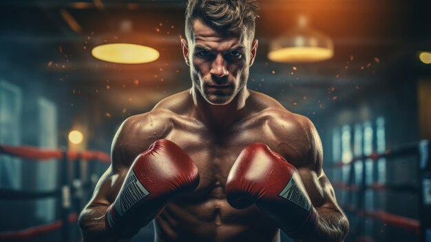 Boxer in rode bokshandschoenen op donkere achtergrond van de sportschool Gemengde media Generatieve AI