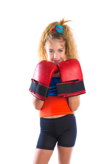 boxer kid blond girl with funny boxing gloves