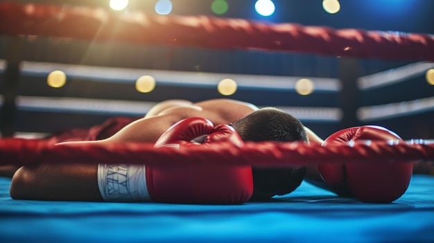 Boxer ligt op het doek in nederlaag met een close-up op zijn gezicht uitdrukking uitputting en rode bokshandschoenen in focus