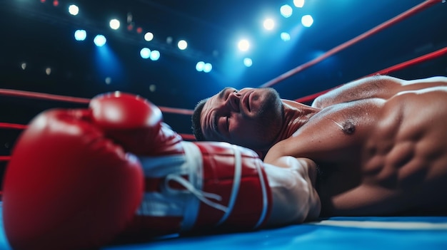 Boxer lying on the canvas in defeat with a closeup on his face expressing exhaustion and red boxing gloves in focus