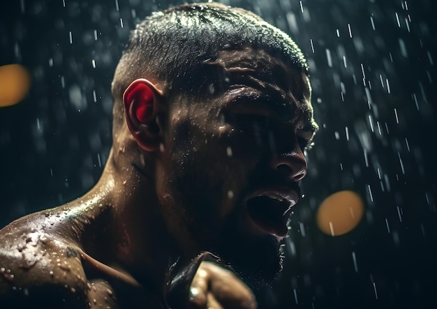 Boxer mma Amerikaanse vechter onder de regen krijger kickbokser nat schreeuwen