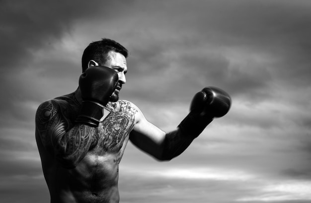 Boxer practicing punches in boxing boxer punching in boxing gloves sporty man during boxing exercise