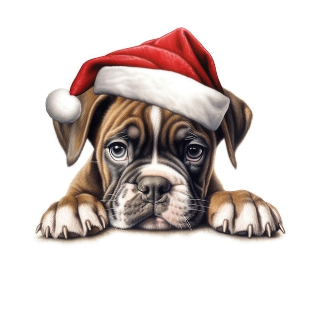 Boxer puppy wearing Santa Hat