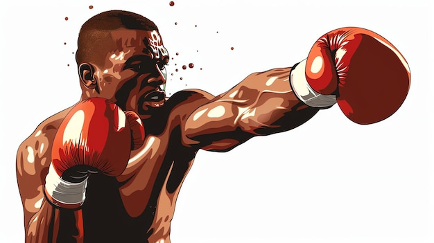 A boxer in a red glove is throwing a punch He has a determined look on his face and his muscles are tensed