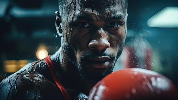 Boxer's face glistening sweat bright gloves