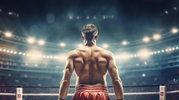 Boxer standing ready in the middle of boxing stadium as wide banner with copyspace areGenerative Ai