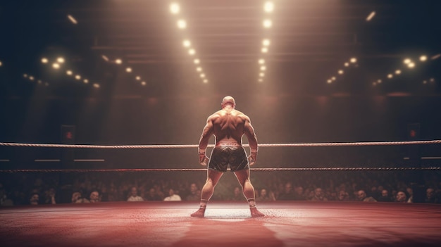 A boxer stands in a ring with a crowd watching.