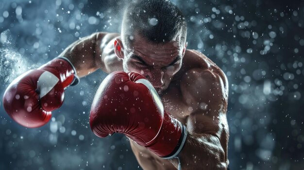 Boxer Training in Gym with Intensity and Focus A boxer is captured in a moment of intense focus and determination while training in the gym sweat glistening on his muscular physique