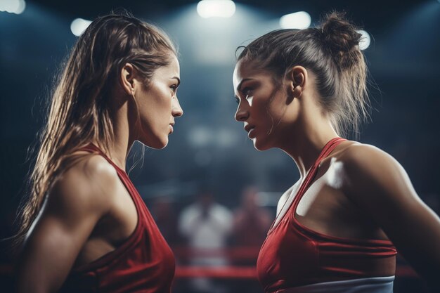 Foto boxer giovane donna con un partner di sparring sullo sfondo di un ring