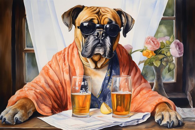 Boxerhond met een glas bier illustratie
