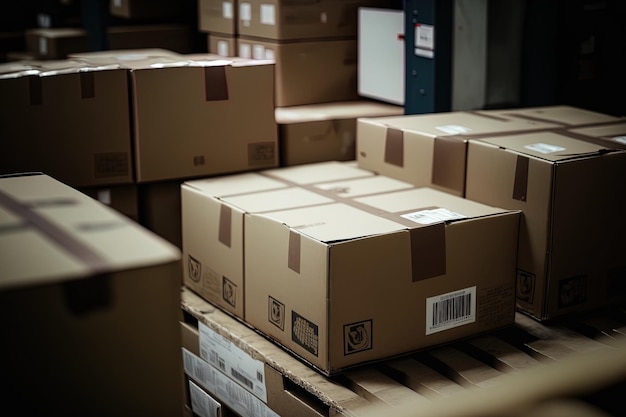 Boxes are piled in rows at a warehouse