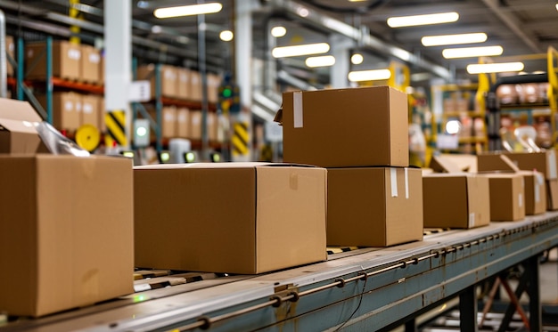 boxes are stacked on a conveyor belt in a warehouse