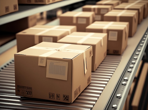 Boxes on a conveyor belt in a warehouse