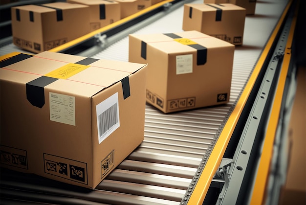 Boxes on an conveyor belt in a warehouse