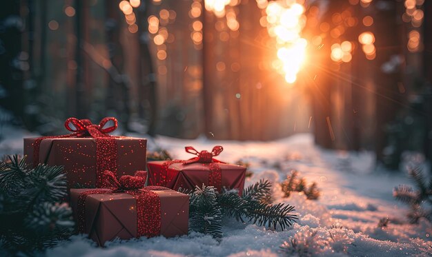 Photo boxes of gifts in a winter forest