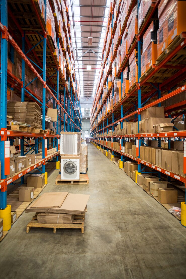 Photo boxes kept on shelves in the warehouse