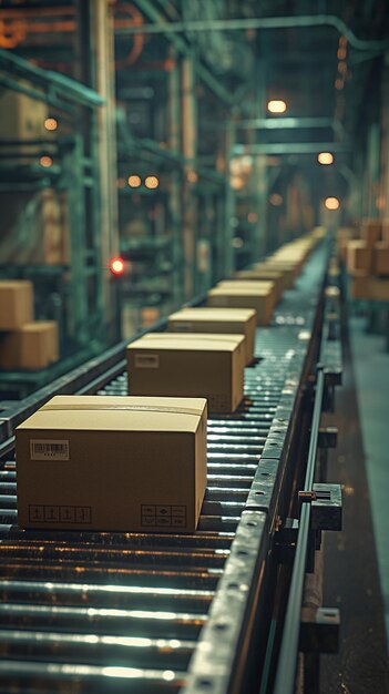 Boxes made of cardboard on a manufacturing conveyor belt