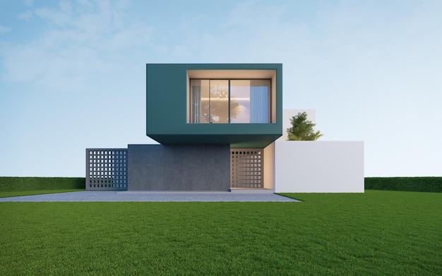 Коробки современный дом с газонной травой и голубым небом
