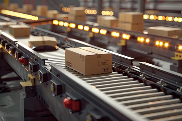 Photo boxes moving on the conveyor belt 3d rendering