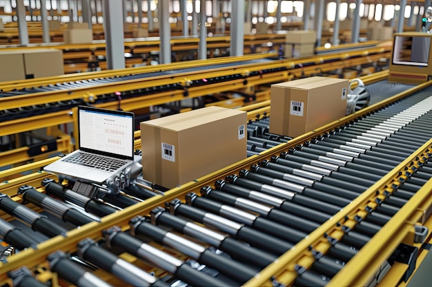 Photo boxes moving on the conveyor belt laptop and conveyor belt 3d rendering