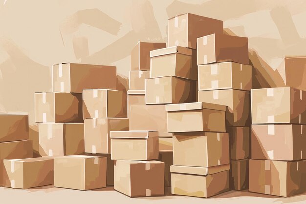 boxes in a pile on a white floor in the style of minimalistbeige tones