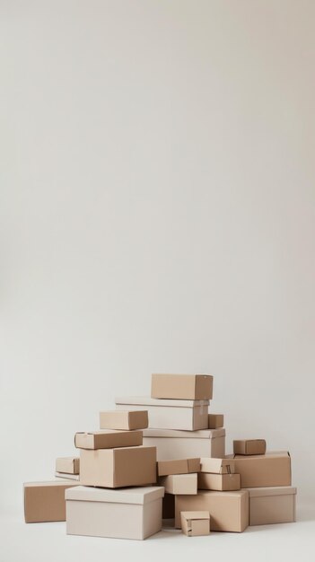 boxes in a pile on a white floor in the style of minimalistbeige tones