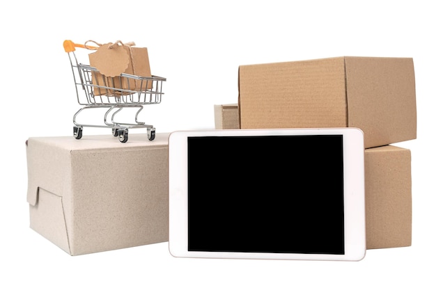 Boxes and shopping trolley with gifts with tablet isolated