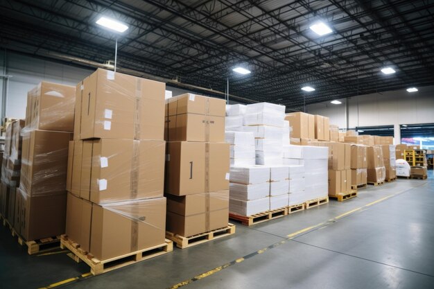 Photo boxes stacked in warehouse storage area