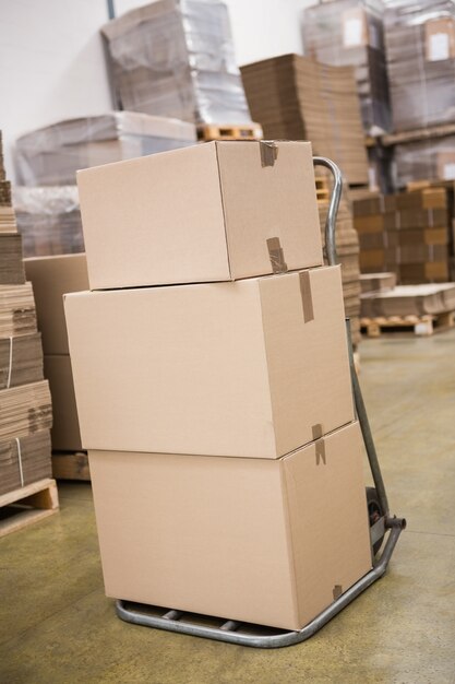 Boxes on trolley in warehouse