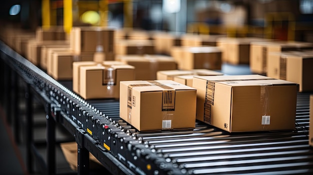 Boxes of various sizes placed in an orderly manner on a conveyor belt ready for transportation