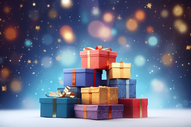 Boxes with gifts on bright colorful background Holiday concept congratulations