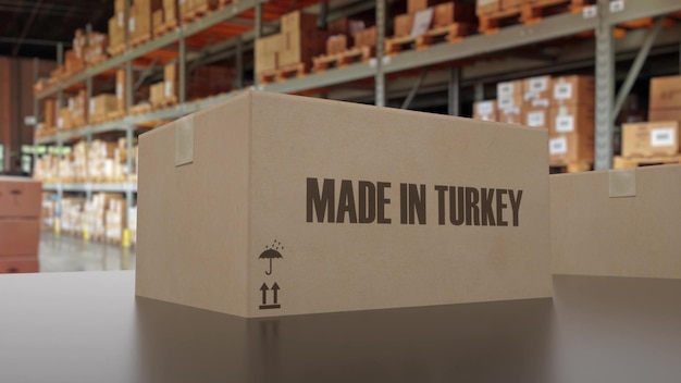 사진 컨베이어 3d 그림에 made in turkey 텍스트가 있는 상자