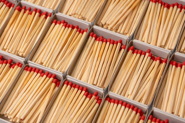boxes with new matchsticks as a background top view