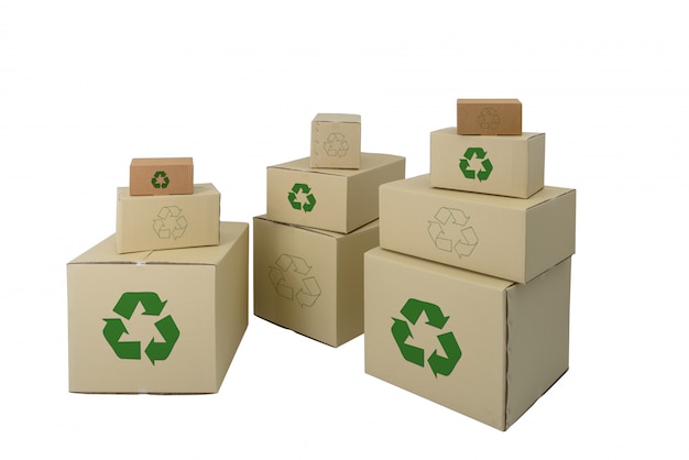 Boxes with Recycle Sign in different sizes stacked boxes isolated 