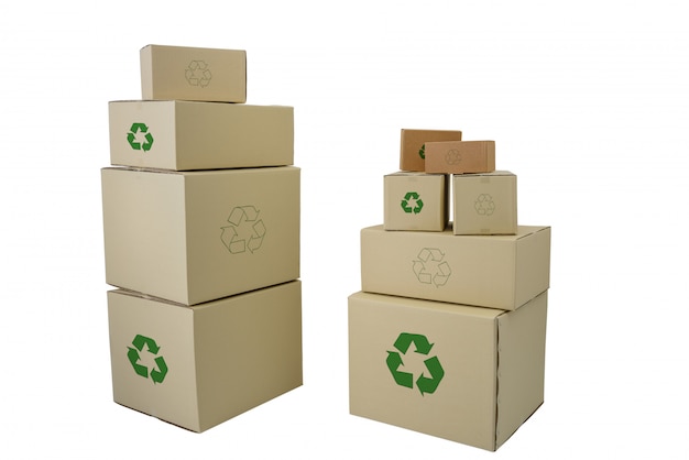 Boxes with Recycle Sign in different sizes stacked boxes isolated 