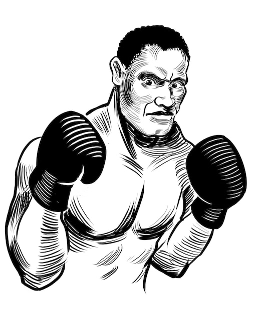 Boxing athlete Handdrawn black and white illustration