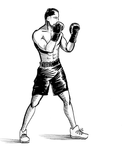 Boxing athlete Handdrawn ink black and white illustration