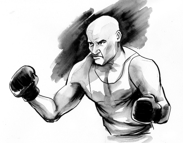 Boxing athlete. Ink black and white drawing