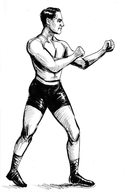 Boxing athlete. Ink black and white drawing