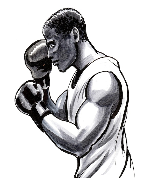 Boxing athlete. Ink black and white drawing