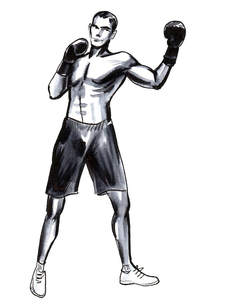 Boxing athlete. Ink black and white drawing