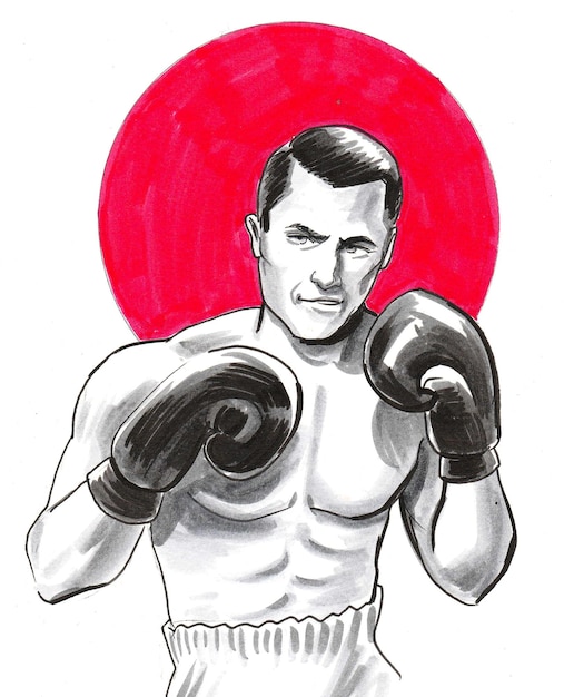 Boxing athlete. Ink and watercolor drawing