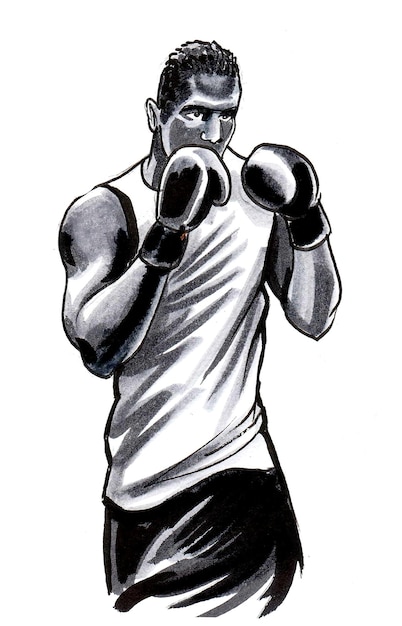 Boxing athlete. Ink and watercolor drawing