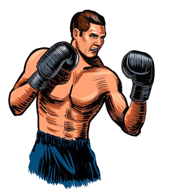 Photo boxing athlete retro styled handdrawn ink on paper and hand colored on tablet