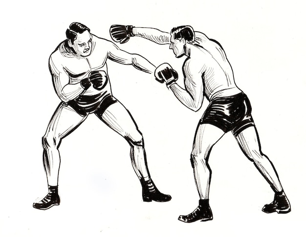 Boxing athletes. Ink black and white drawing