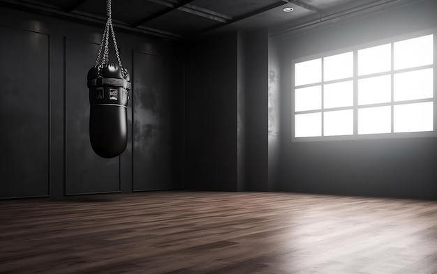 A boxing bag hangs from a hook in a dark room.