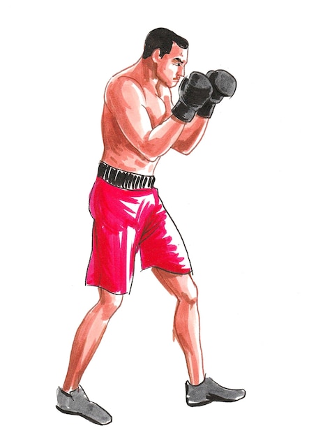 Boxing champion. Ink and watercolor drawing